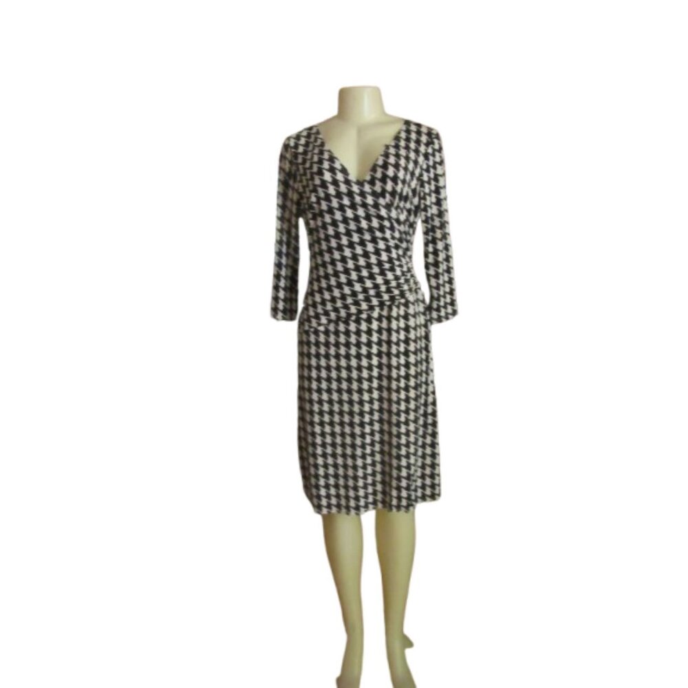 NWT, Evan-Picone Houndstooth Black & Ivory Ruche Faux Wrap Dress Size 8